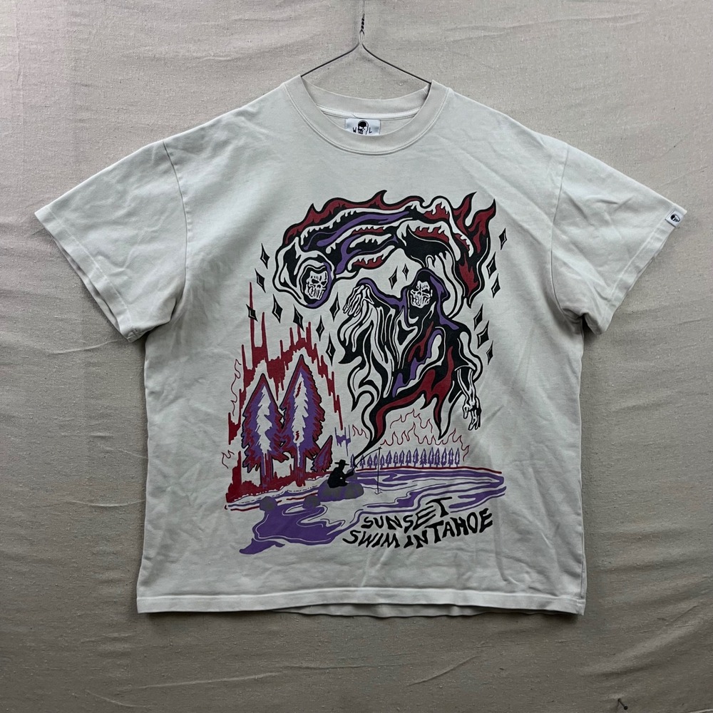 Warren Lotas T-Shirt Mens XXL Off-White Sunset Swim In Tahoe Reaper Graphic